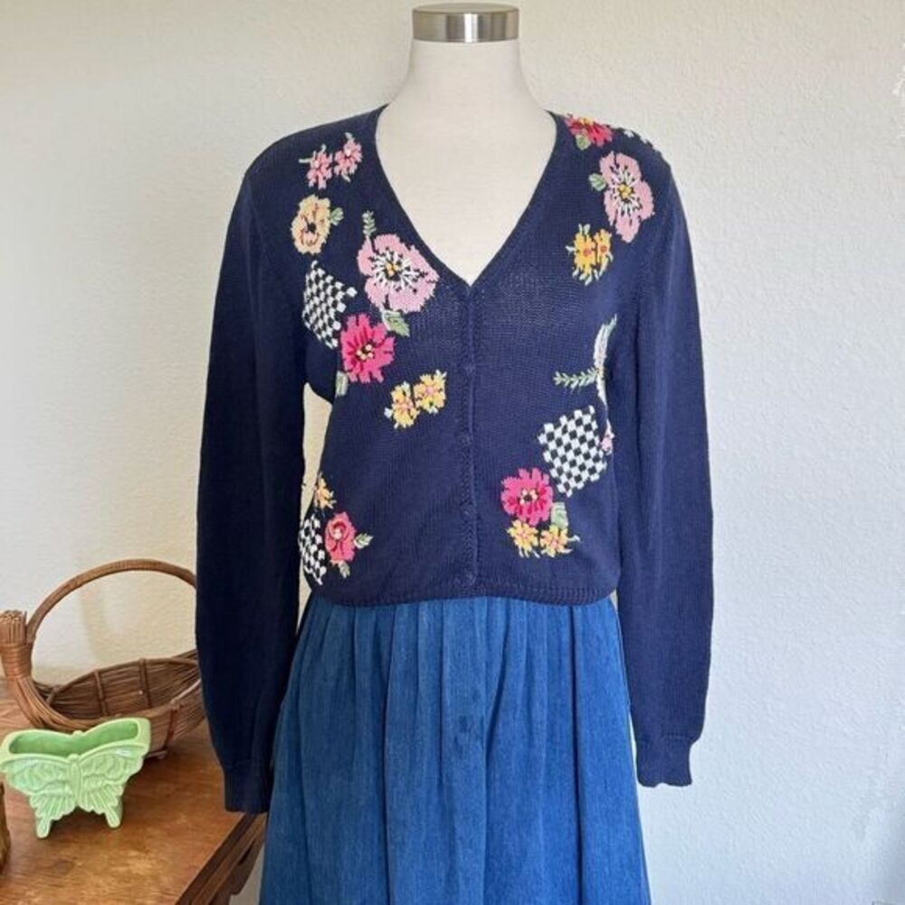 Vintage Floral hand Embroidered Knit Sweater‎ Navy V-Neck Cottagecore 3-D